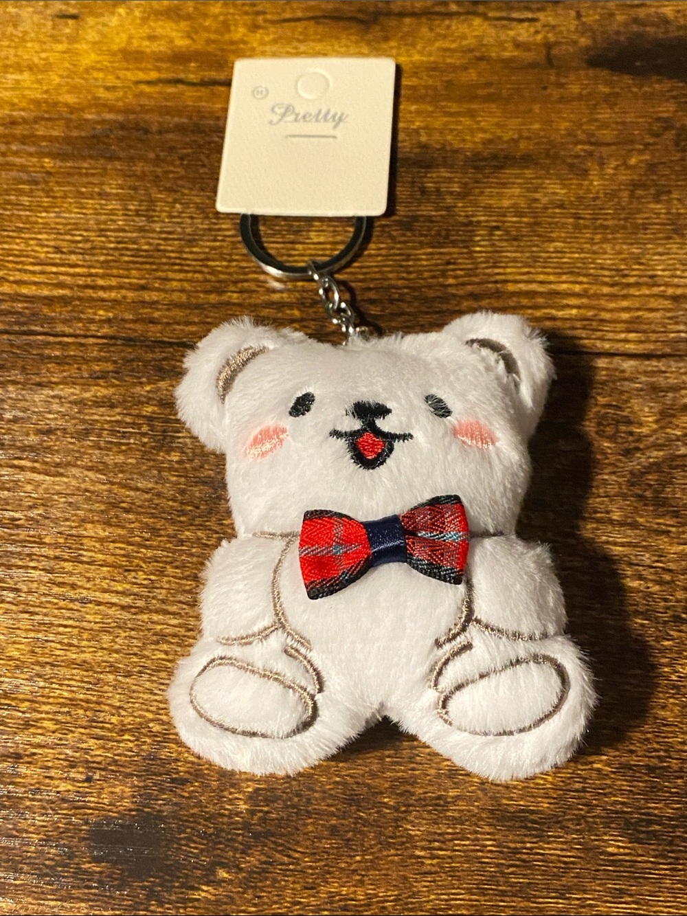 ePretty White Bear Plush Keychain with Red Plaid Bow Tie